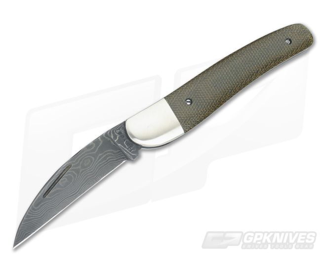 Chuck Hawes Custom Serpentine Wharncliffe Folder Green Micarta and Damascus - CU-3451