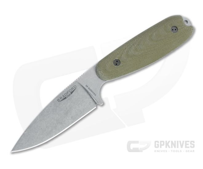 Bradford Guardian3.5 Full Height Flat Grind Stonewashed Vanadis 4E 3D OD Green Micarta Fixed Blade - BK-35FH-102-V4E