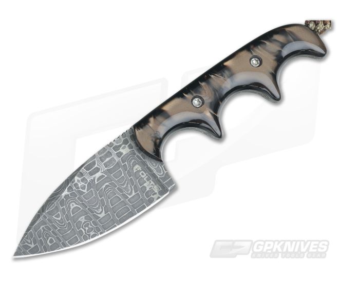 Alan Folts Custom Minimalist Drop Point Neck Knife Brown Pearl Kirinite Reptilian Damascus - CU-3708