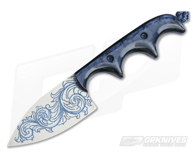 Alan Folts Custom Minimalist Drop Point Neck Knife Blue Pearl Kirinite Scroll Work Beta Titanium - CU-3712