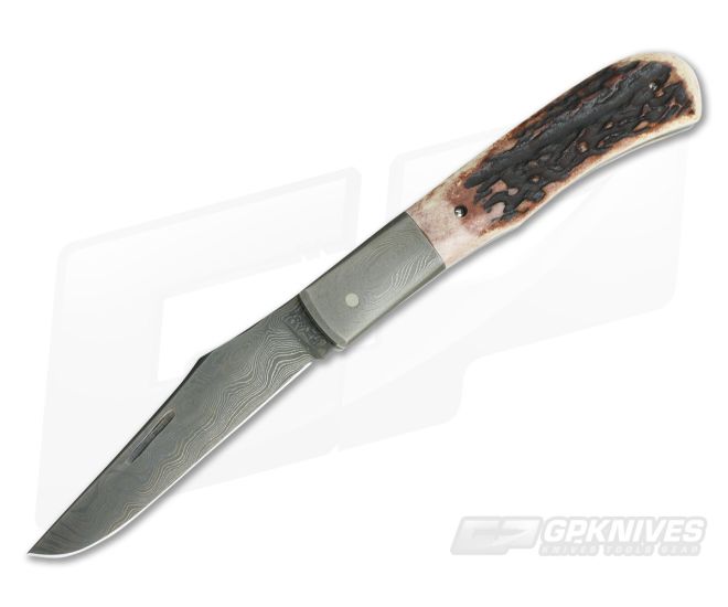 Chuck Hawes Custom Sambar Stag Trapper Burl Pattern Damascus Bolsters and Blade - CU-3755