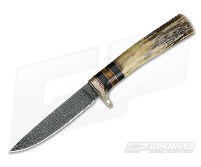Burr Oak Custom Neck Knife Tight Twist Damascus Mokume Ebony Amber & Stag - CU-3886