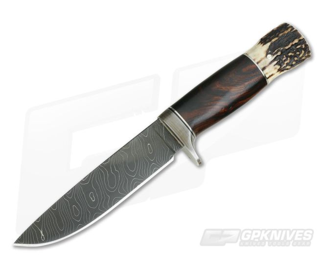 Burr Oak Custom Camp Knife Bold Twist Damascus Ironwood and Stag - CU-3889