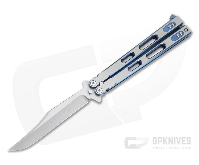 Rick Hinderer Custom Nieves Balisong Satin 20CV Bowie Satin and Blue Titanium - CU-3963