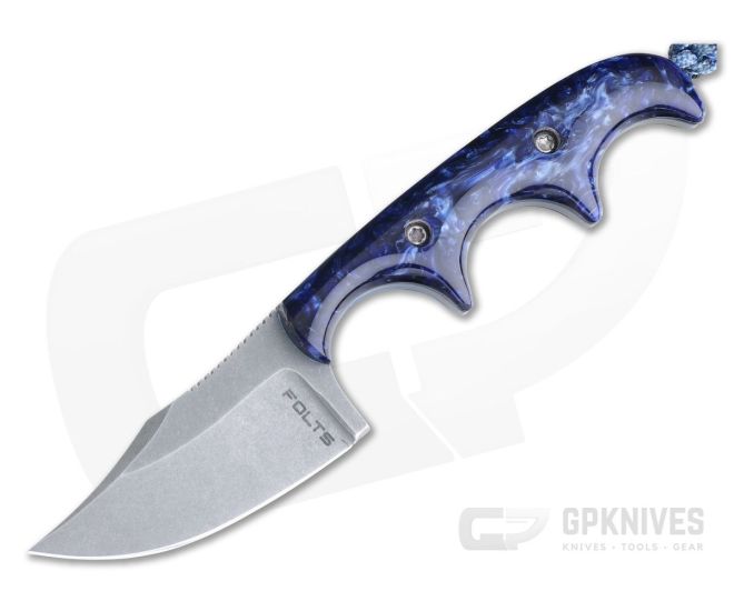 Alan Folts Custom Minimalist Bowie Neck Knife Tumbled CPM-154 Blue Kirinite Acrylic - CU-3979