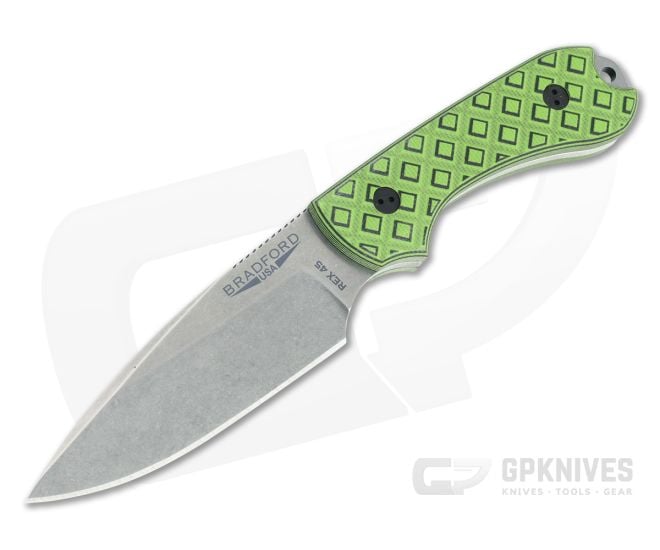 Bradford Guardian3 False Edge GPK Exclusive Stonewashed Rex 45 Toxic Green/Black G10 Fixed Blade - BK-3FE-010-REX45