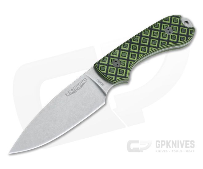 Bradford Knives Guardian3 Full Height Flat Stonewashed M390 Toxic Green/ Black G10 - BK-3FH-010