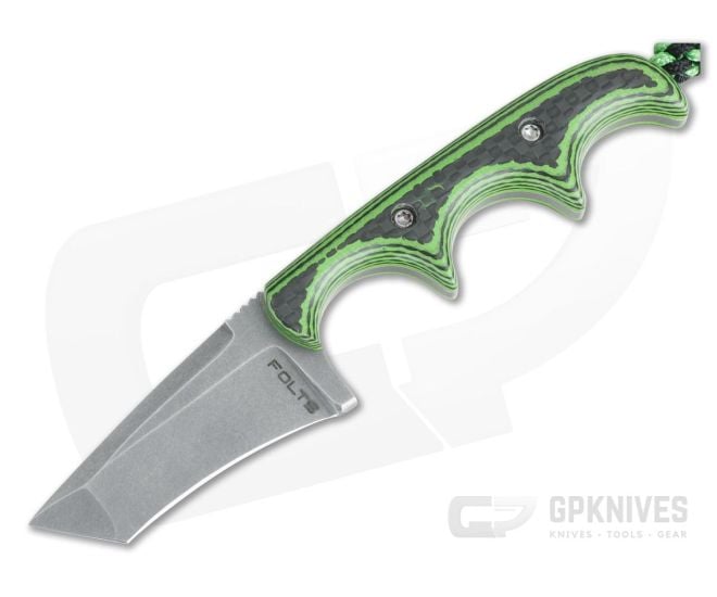 Alan Folts Custom Minimalist Tanto Neck Knife Tumbled CPM-154 Carbon Fiber & Green G10 Hybrid - CU-4029