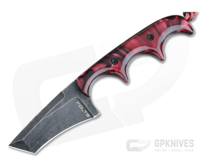 Alan Folts Custom Minimalist Tanto Neck Knife Black Washed CPM-154 Red Kirinite Acrylic - CU-4031