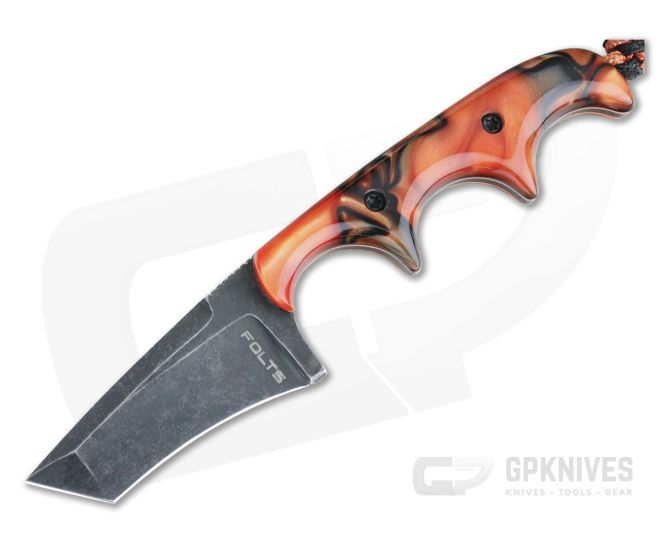 Alan Folts Custom Minimalist Tanto Neck Knife Black Washed CPM-154 Orange Kirinite Acrylic - CU-4032