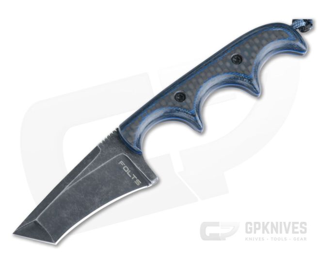 Alan Folts Custom Minimalist Tanto Neck Knife Black Washed CPM-154 Carbon Fiber & Blue G10 Hybrid - CU-4033