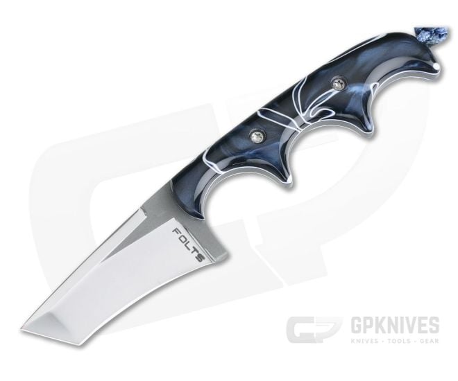 Alan Folts Custom Minimalist Tanto Neck Knife Polished Two-Tone CPM-154 Blue Kirinite Acrylic - CU-4034