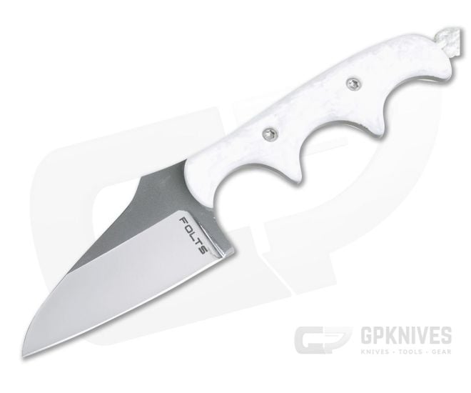 Alan Folts Custom Minimalist Modified Wharncliffe Neck Knife Polished Two-Tone CPM-154 White Kirinite Acrylic - CU-4038