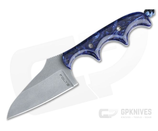 Alan Folts Custom Minimalist Modified Wharncliffe Neck Knife Tumbled CPM-154 Blue Kirinite Acrylic - CU-4040