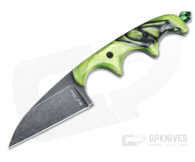 Alan Folts Custom Minimalist Wharncliffe Neck Knife Toxic Green Kirinite Black Washed CPM154 - CU-4062