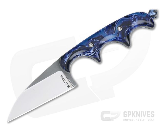 Alan Folts Custom Minimalist Wharncliffe Neck Knife Custom Blue Acrylic Polished Two-Tone CPM154 - CU-4068