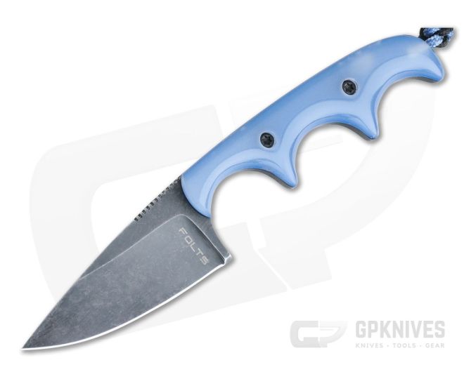 Alan Folts Custom Minimalist Drop Point Neck Knife Blue Glow Kirinite Black Washed CPM154 - CU-4073
