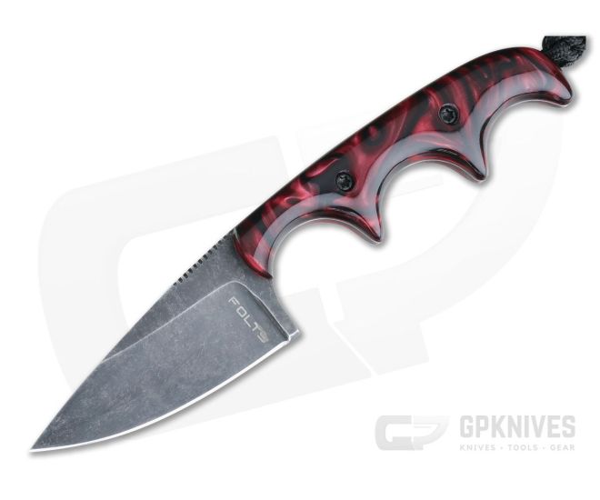Alan Folts Custom Minimalist Drop Point Neck Knife Blood Red Kirinite Black Washed CPM154 - CU-4074