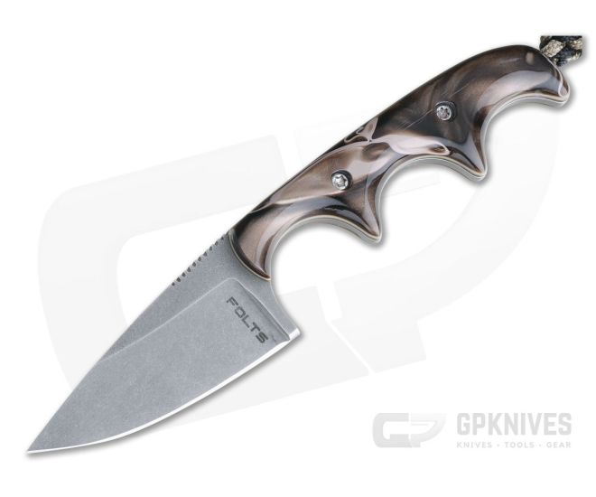 Alan Folts Custom Minimalist Drop Point Neck Knife Brown Kirinite Tumbled CPM154 - CU-4075