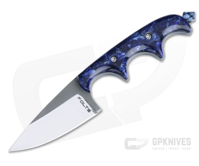 Alan Folts Custom Minimalist Drop Point Neck Knife Blue Pearl Kirinite Polished CPM154 - CU-4079