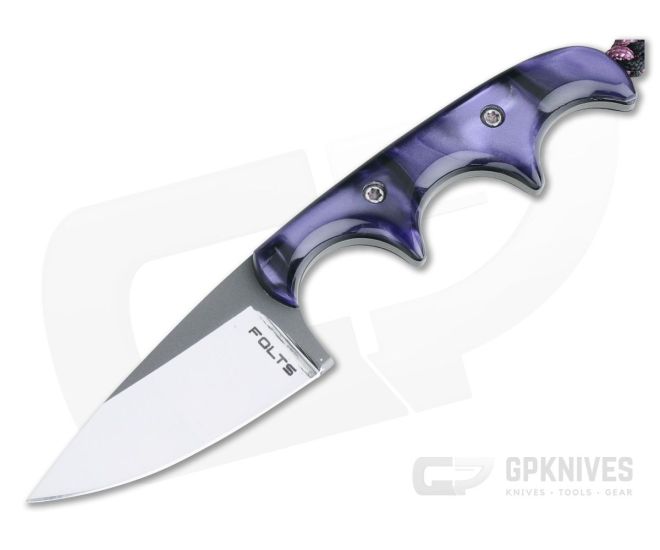 Alan Folts Custom Minimalist Drop Point Neck Knife Purple Pearl Kirinite Polished CPM154 - CU-4080