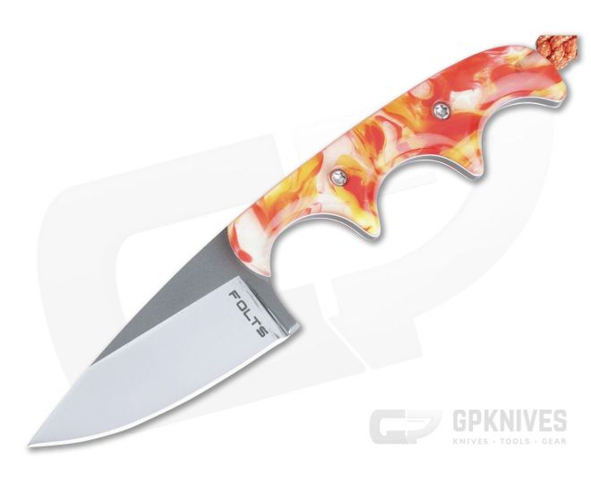Alan Folts Custom Minimalist Drop Point Neck Knife Custom Orange Acrylic Polished CPM154 - CU-4082