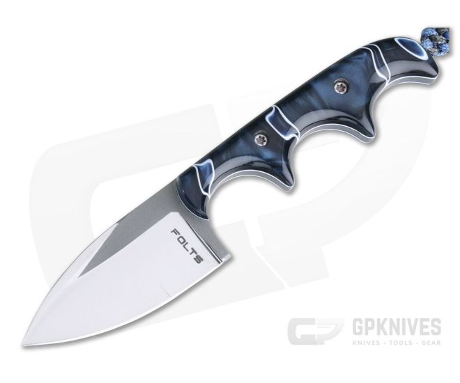 Alan Folts Custom Minimalist Spear Point Neck Knife Pearl Blue Kirinite Polished CPM154 - CU-4091