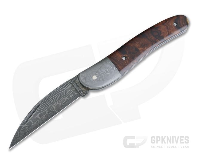 Chuck Hawes Custom Ironwood Wharncliffe Whittler Burl Pattern Damascus Blade - CU-4108