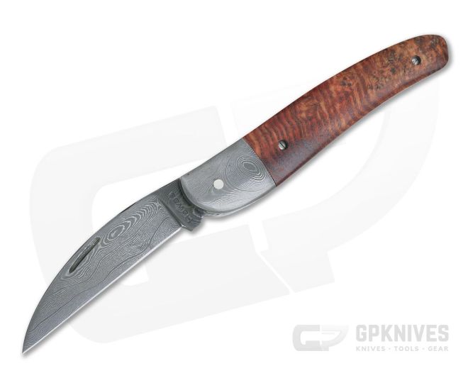 Chuck Hawes Custom Stabilized Black Ash Wharncliffe Whittler Burl Pattern Damascus Blade - CU-4164