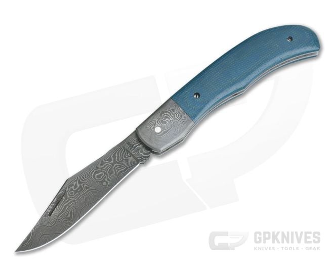Chuck Hawes Custom Blue Denim Micarta Hunter Burl Pattern Damascus Blade - CU-4166