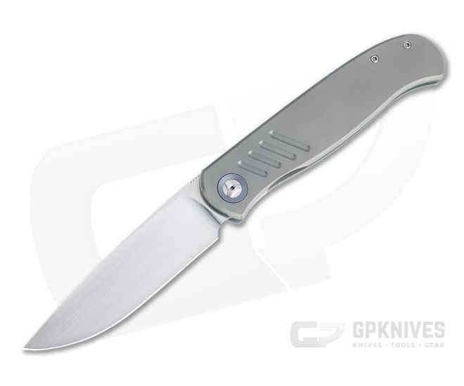 Burger Custom Atlas SFL Drop Point Satin Elmax Grooved Gray Titanium Frame Lock Front Flipper 4495 - CU-4495