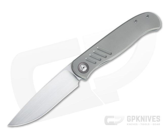 Burger Custom Atlas SFL Drop Point Satin Elmax Grooved Gray Titanium Frame Lock Front Flipper 4496 - CU-4496