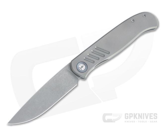 Burger Custom Atlas SFL Drop Point Acid Washed Elmax Grooved Gray Titanium Frame Lock Front Flipper 4497 - CU-4497