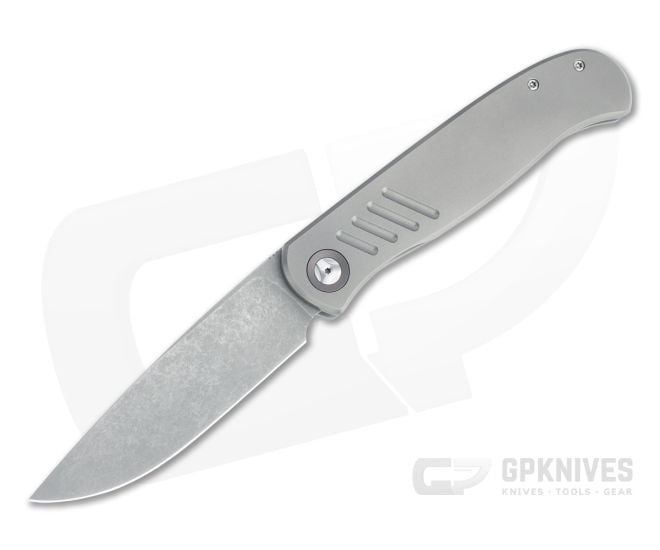 Burger Custom Atlas SFL Drop Point Acid Washed Elmax Grooved Gray Titanium Frame Lock Front Flipper 4499 - CU-4499