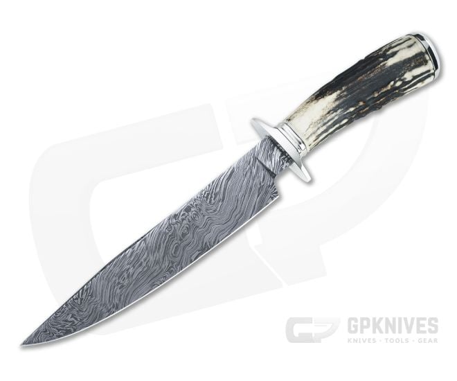 Bill Miller Custom Large Fighter Carbon Damascus Sambar Stag Fixed Blade 4534 - CU-4534