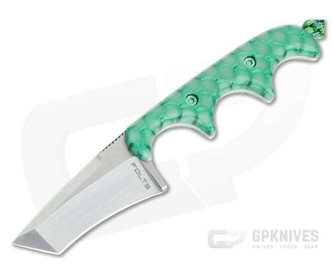 Alan Folts Custom Minimalist Tanto Hand Rubbed CPM-154 Green Fish Scale Acrylic Fixed Blade Neck Knife 4644 - CU-4644