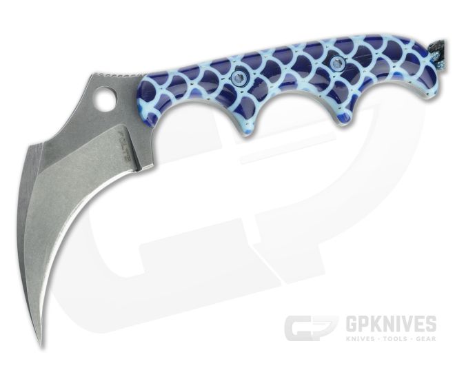 Alan Folts Custom KeraMinimalist Tumbled CPM-154 Blue Fish Scale Acrylic Fixed Blade Neck Knife 4646 - CU-4646