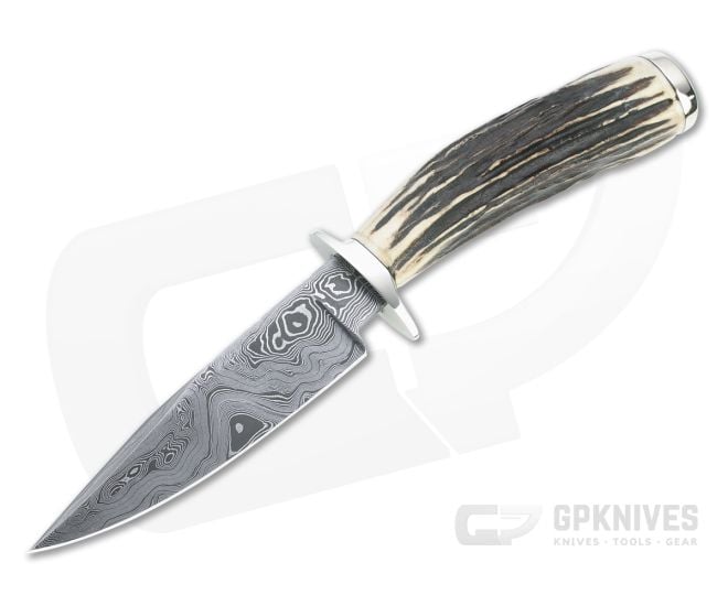 Bill Miller Custom Fighter Small Carbon Damascus Sambar Stag Fixed Blade 4766 - CU-4766