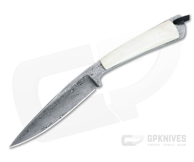 Bill Miller Custom Drop Point Bird and Trout Carbon Damascus Walrus Ivory Fixed Blade 4768 - CU-4768