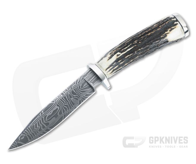 Bill Miller Custom Fixed Blade Small Fighter Stag Handle Damascus Clip Point Blade 4919 - CU-4919