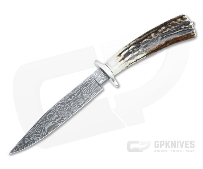 Bill Miller Custom Fixed Blade Small Fighter Stag Handle Damascus Clip Point Blade 4920 - CU-4920