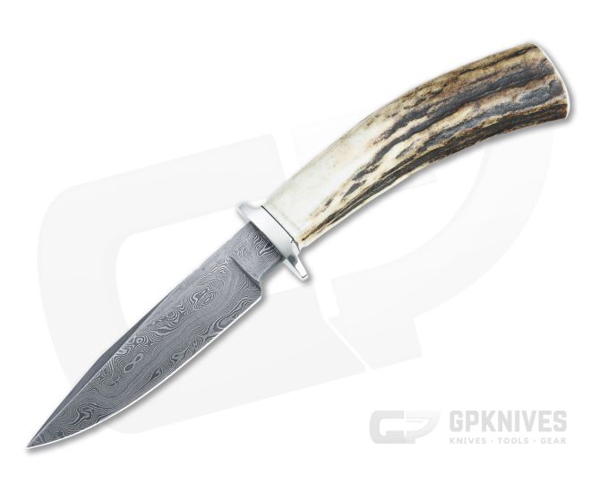 Bill Miller Custom Fixed Blade Small Fighter Stag Handle Damascus Clip Point Blade 4921 - CU-4921