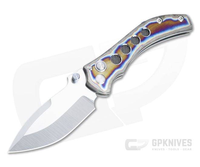 Sergey Rogovets Custom Red Horseman Button Lock Folder Flamed Titanium Handles Satin S45VN Spear Point 4941 - CU-4941
