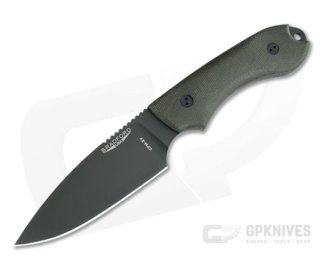Bradford Knives Guardian4 Full Flat Grind 3D OD Green Micarta DLC 3V Fixed Blade Knife - BK-4FH-102B-3V