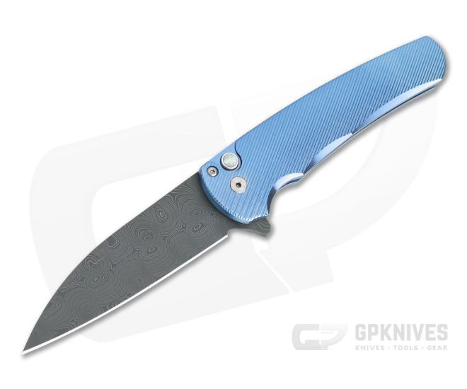 Protech Malibu Blue 3D Titanium Custom Nichols Damascus Wharncliffe Button Lock Flipper 5142-BLUE - PT-5142-BLUE