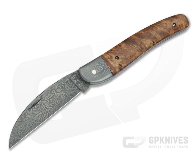Chuck Hawes Custom Seahorse Whittler Stabilized Maple Burl Damascus - CU-5179