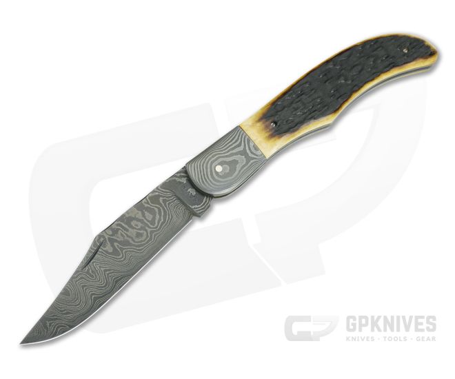 Chuck Hawes Custom Folding Hunter Stagged Jig Bone Burl Pattern Damascus - CU-5184