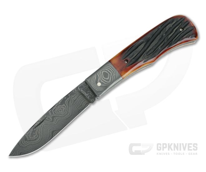 Chuck Hawes Custom Small Remington Trapper Stagged Amber Bone Damascus - CU-5203