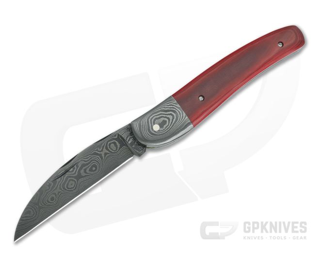Chuck Hawes Custom Seahorse Whittler Red Linen Micarta Burl Damascus - CU-5213