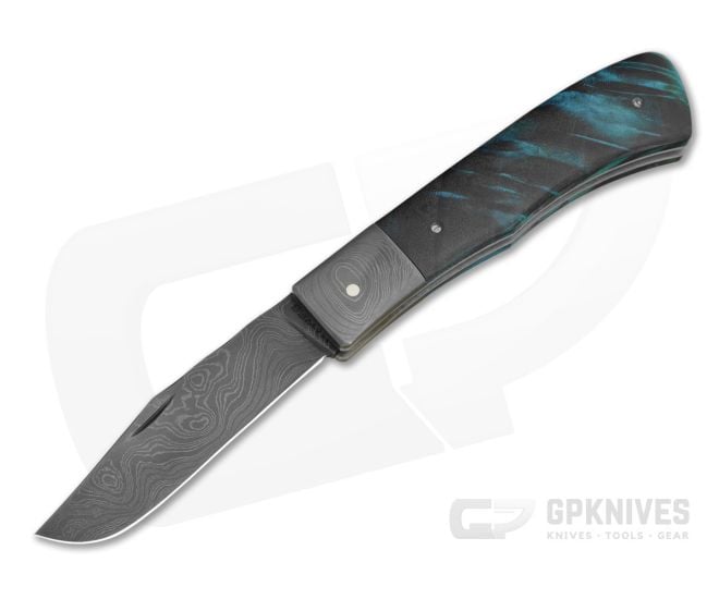 Chuck Hawes Custom Remington Style Folder Blue Cottonwood Damascus - CU-5288